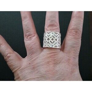 925 Sterling Silver Tall Cuff Style Cigar Band Heart Ring Open Filigree Boho